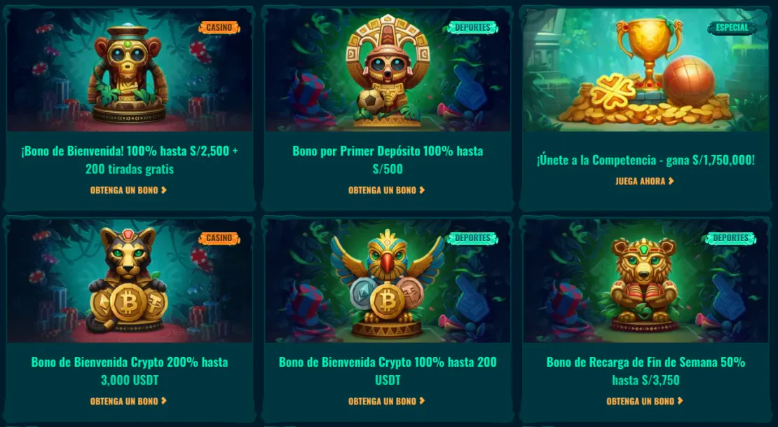 Catálogo de promociones con bonos de bienvenida, ofertas deportivas, bonos cripto, cashback y premios especiales