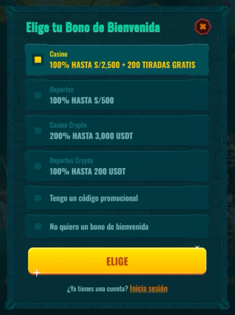 Pantalla de selección del bono de bienvenida con ofertas para casino, deportes y criptomonedas
